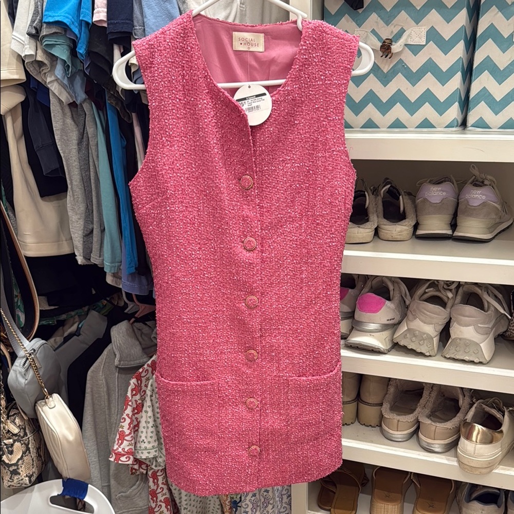 Pink Tweed Button-Front Dress